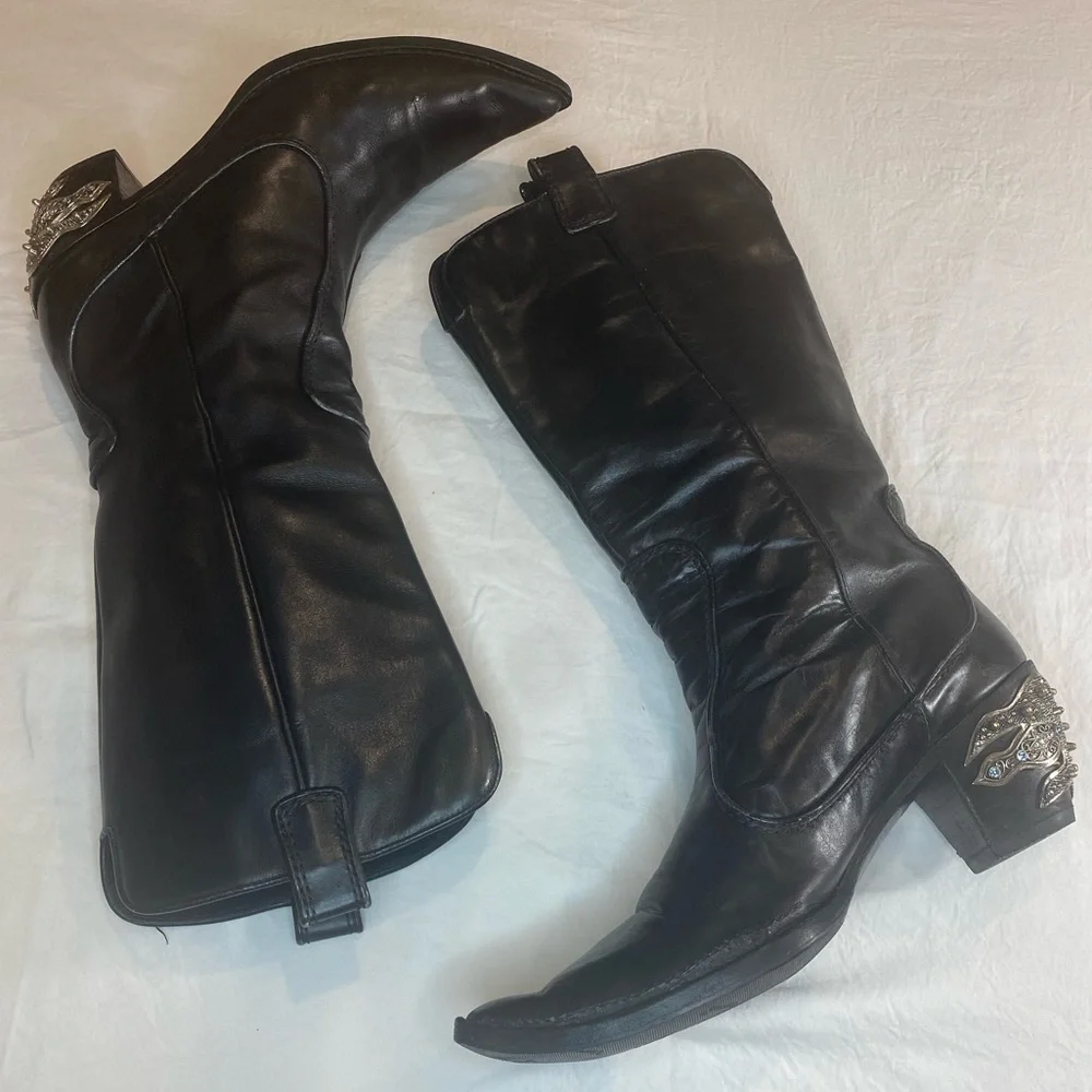 Giuseppe Zanotti Mid Calf Black Leather Cowboy Western Boots Embellished… - Picture 2 of 7